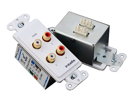 Intelix AVO-A4-WP110 Dual Stereo Analog Audio Wallplate Balun w/ 110 punch-down termination